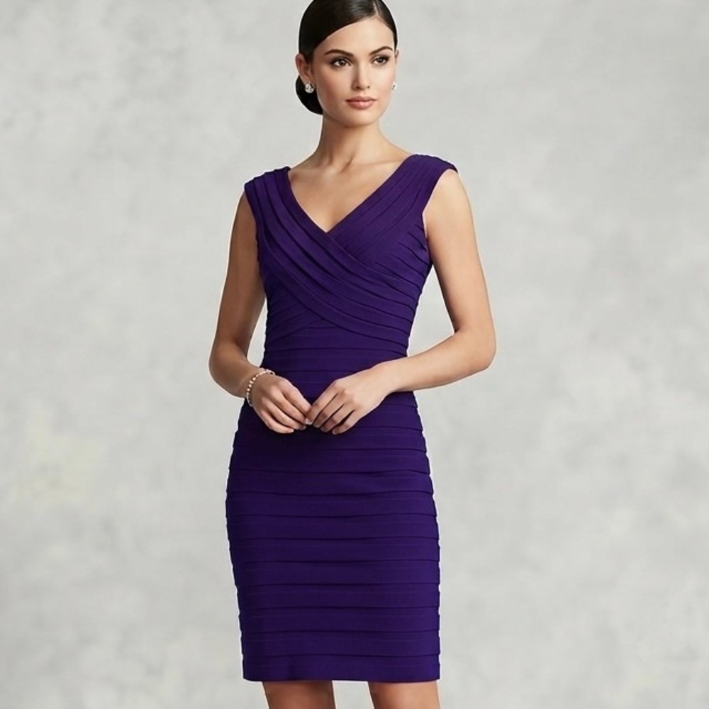 Adrianna Papell Tiered‎ Shutter Pleat Sheath Purple Dress V-Neck Sleeveless Sz 4